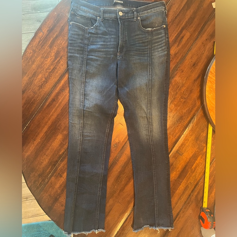 Express Dark Indigo Straight Leg Skyscraper High Rise Jeans 14R stretch+